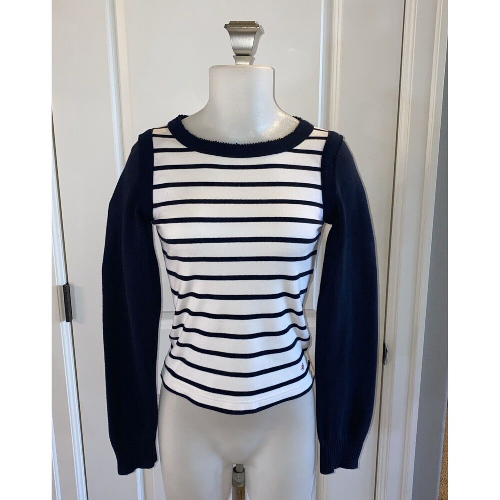 Armor Lux Size 1 Stripe Cotton Knit Crewneck Pullover Sweater Navy Blue White